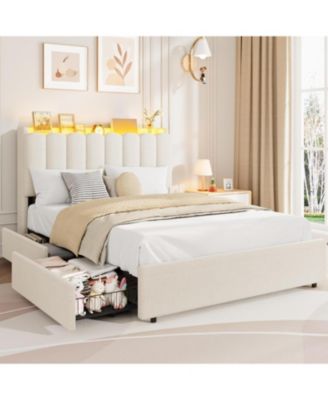 LED Bed Frame with Storage Headboard, Boucle Upholstered Platform Bed for Girls, 2 Drawers and Bookcase, No Box Spring Needed
