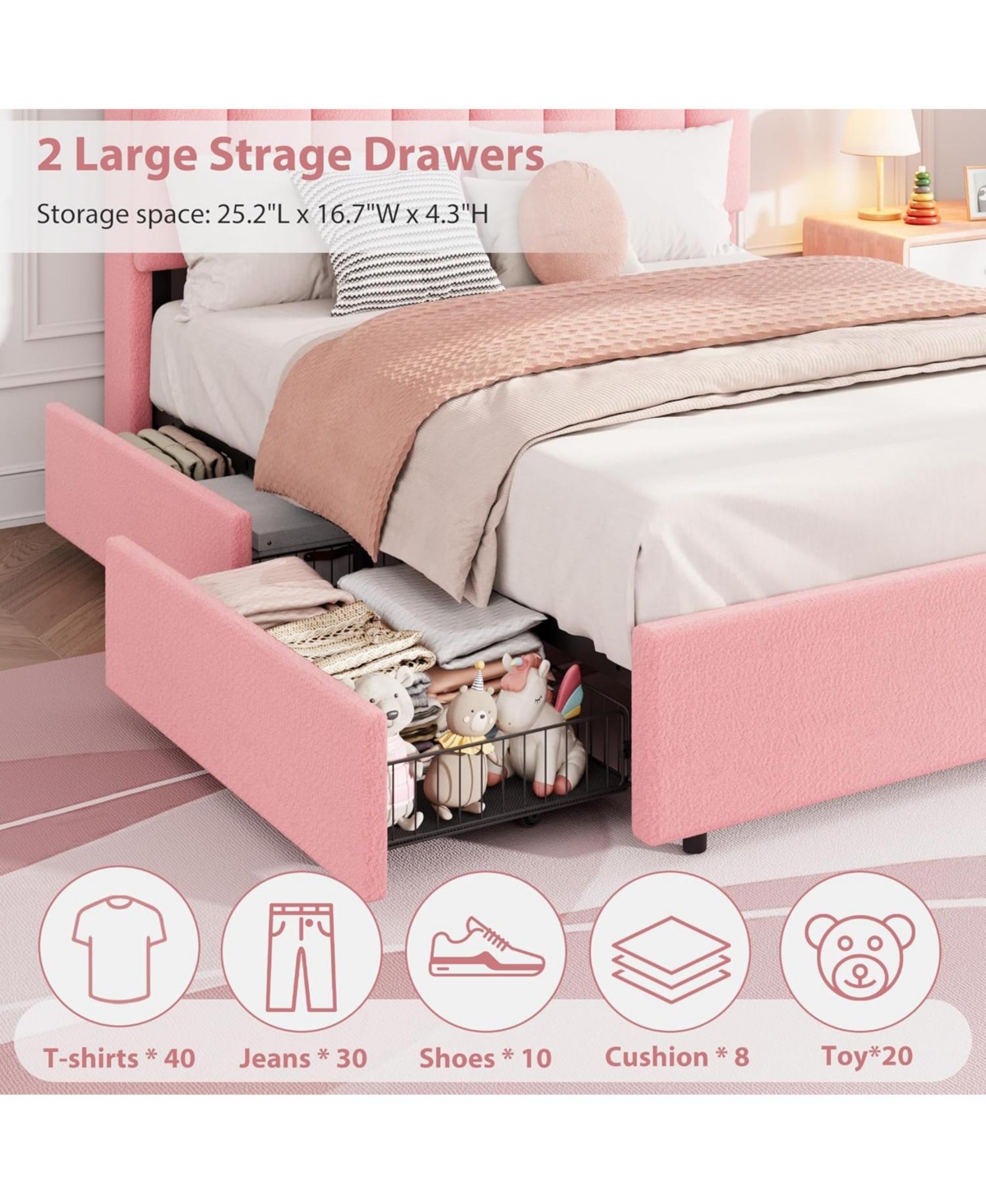 gaomon Led Bed Frame with Storage Headboard, Boucle Upholstered Platform for Girls, 2 Drawers and Bookcase