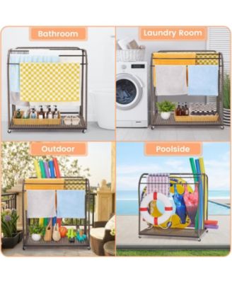 Outdoor Pool Towel Rack with 5 Bars, Durable PE Rattan and Steel, Trapezoid Design, Caster Wheels, Versatile Storage