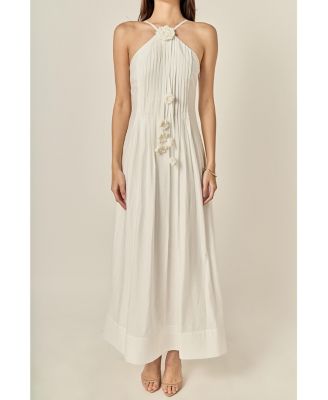 Women's Crochet Flower Trim Sheer Halter Maxi Dress