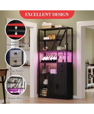Wine Bar Cabinet with LED, Wine Rack, Glass Holder, Power Outlets, Bakers Rack for Kitchen, Dining or Living Room