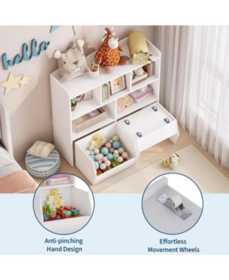 Kids Toy Storage Organizer Bookshelf, 5 Open Cubbies, Movable Drawers, Hidden Wheels, Multi-Purpose Floor Cabinet