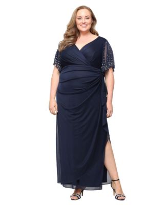 Plus Size Embellished-Sleeve Draped Chiffon Gown