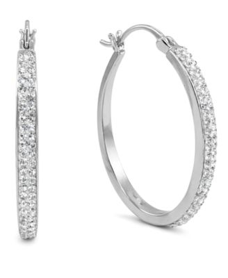 Crystal Tapered Hoop Earrings in Silver-Plate, 1.2"