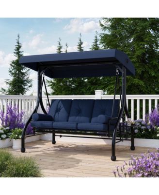 3-seat porch swing with stand, adjustable canopy, 800 lb capacity, cup holder tray, cushions and pillows for outdoor patios.