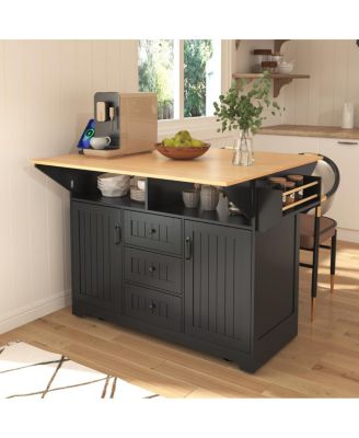  Rolling Kitchen Island Drop Leaf, Power Outlet, Storage