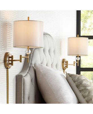Kohle Modern Swing Arm Wall Lamps Set of 2 Polished Brass Plug-In Light Fixture White Drum Shade for Bedroom