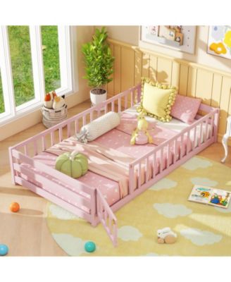 Twin Size Kids Montessori Floor Bed with Door and Protective Fence