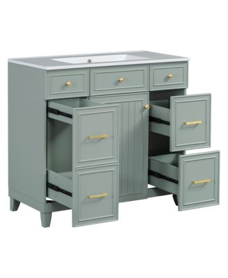 36" Bathroom Vanity with Ceramic Sink, Green, Solid Wood Frame, Soft Close Doors, Adjustable Shelves