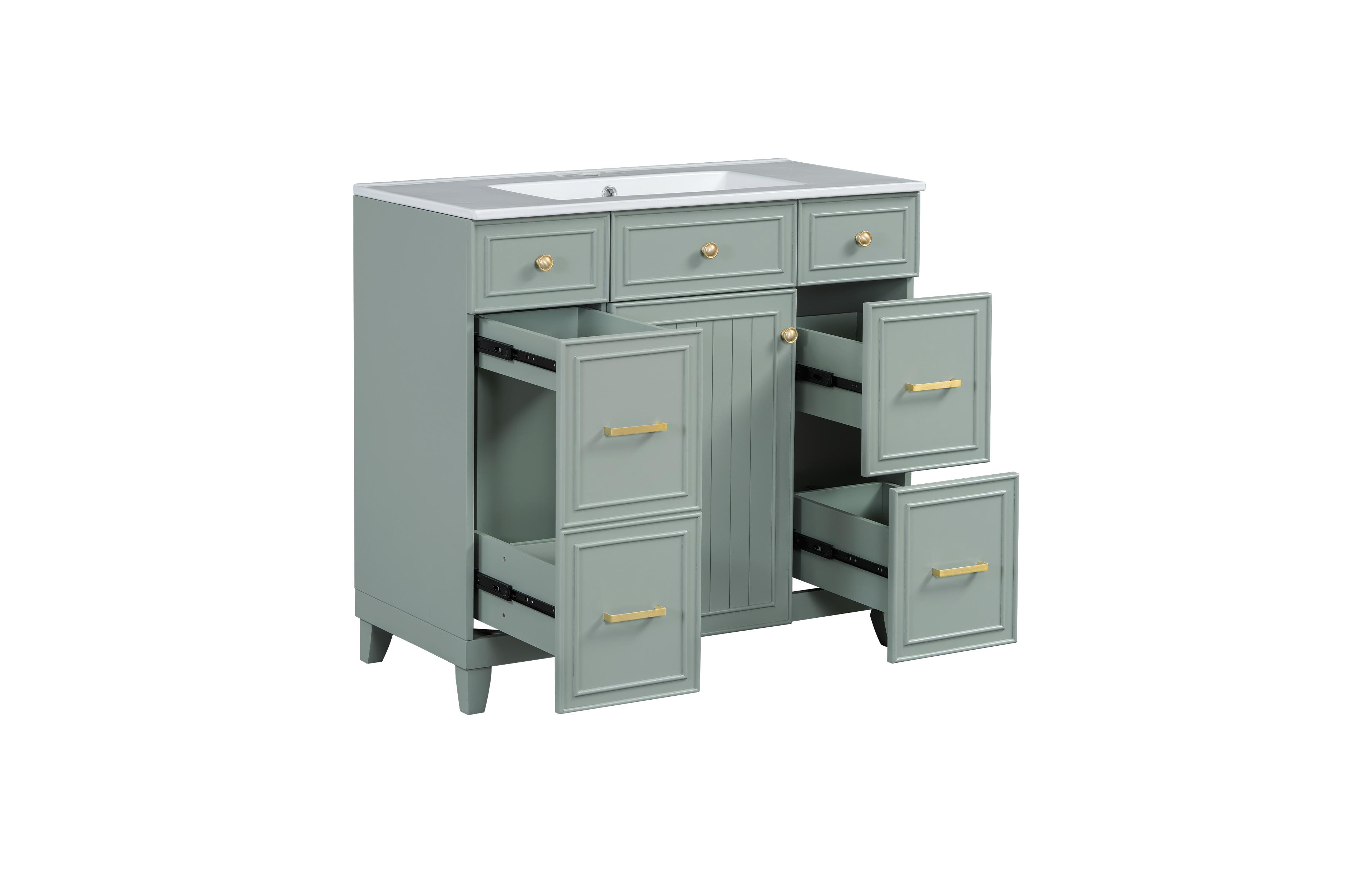 Casainc 36" Bathroom Vanity with Ceramic Sink, Green, Solid Wood Frame, Soft Close Doors, Adjustable Shelves
