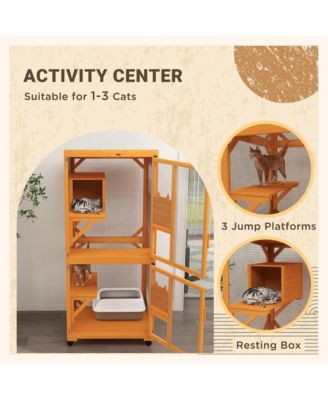 Zeus &  Ruta Large Cat Haven with Elevated Sleeping Platform, 71" Wooden Frame with Asphalt Roof, Indoor/Outdoor Enclosure with Wheels