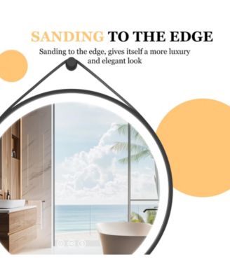 32" Circle Hanging Vanity Mirror for Wall with Leather Strap 3 Colors Dimmable for Bedroom Entryway