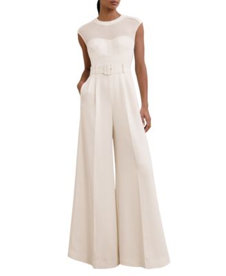 Women's Sheer-Panel Wide-Leg Belted Jumpsuit