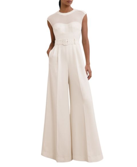 Женский комбинезон REISS Alba Sheer-Panel Wide-Leg Belted Jumpsuit, цвет: Слоновая кость