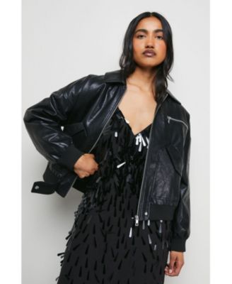 Women's Faux Leather Distressed Bomber Jacket