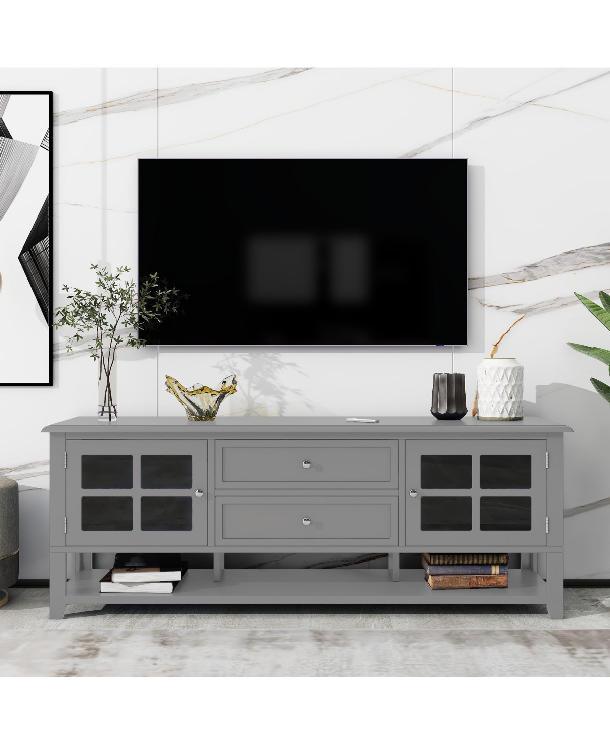 Rainsken Farmhouse Tv Stand for TVs , Wood Entertainment Center with 2 Storage Cabinets, 2 Drawers and Open Shelf for Living Room