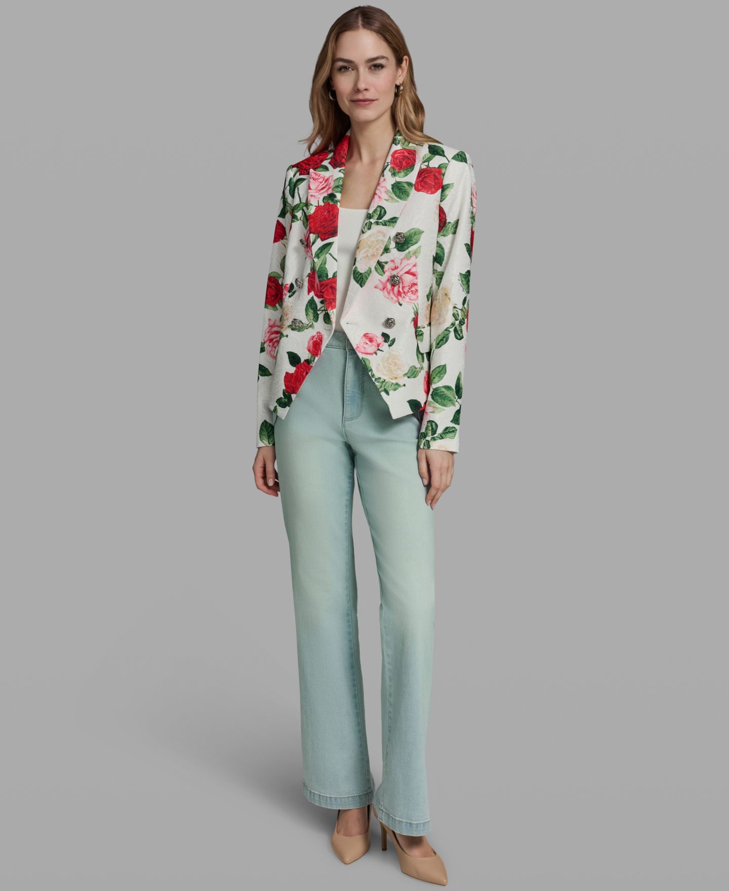 Женский пиджак KARL LAGERFELD PARIS Floral Print Collared Blazer, цвет: Мягкий белый разноцветный — фото 2