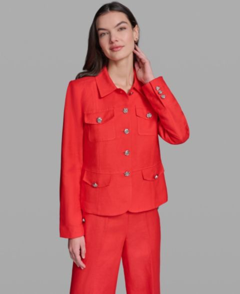 Женские куртки KARL LAGERFELD PARIS Women's Linen-Blend Pocket Detail Collared Jacket