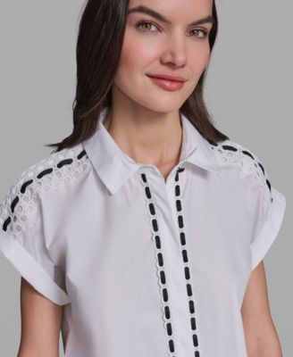 Women's Collared Eyelet Trim Top