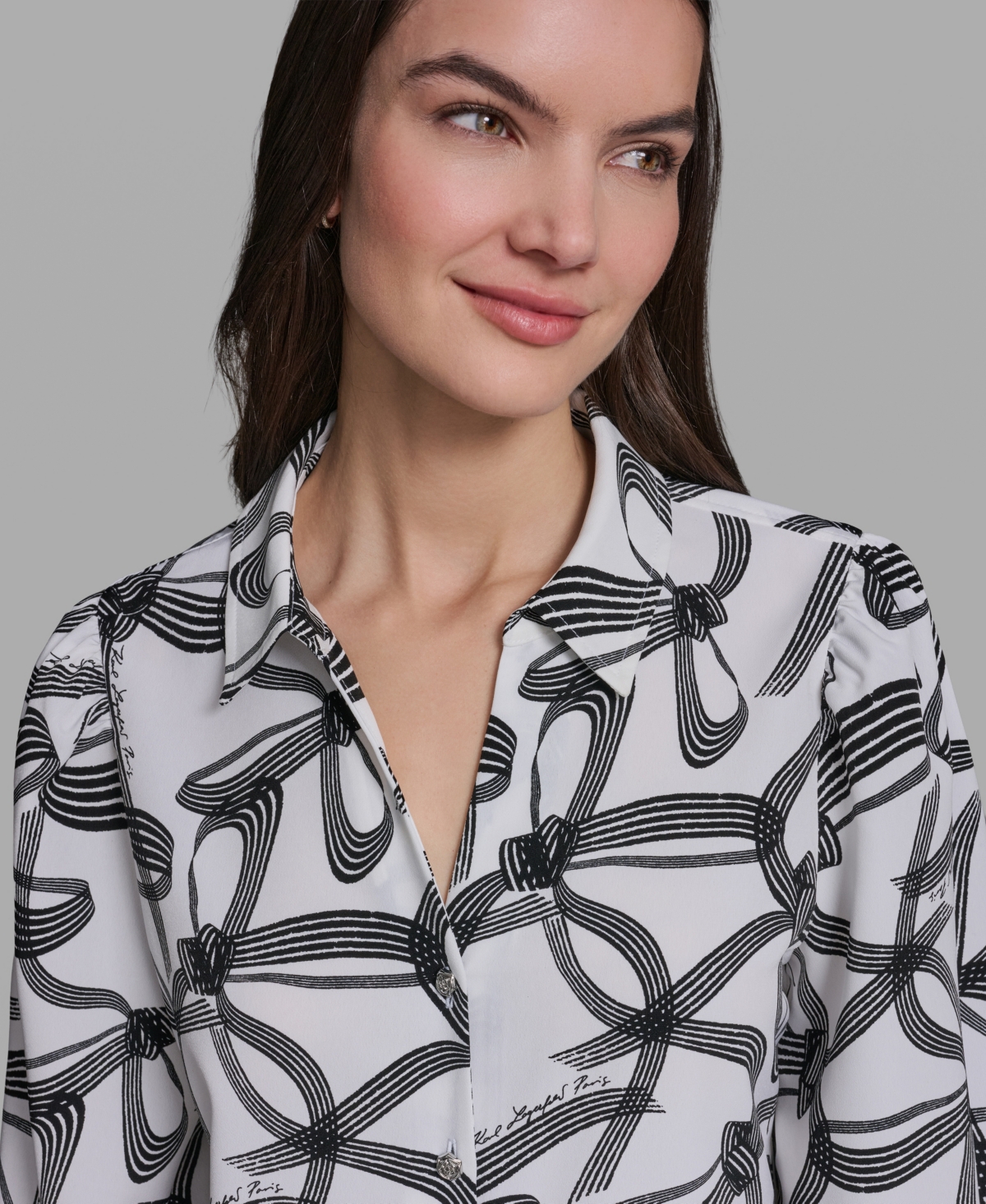 Karl Lagerfeld Paris Women's Bow Print Woven Collared Top
