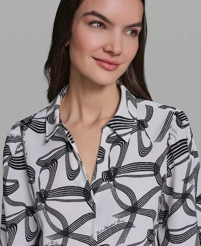 Women's Bow Print Woven Collared Top - thumbnail 4