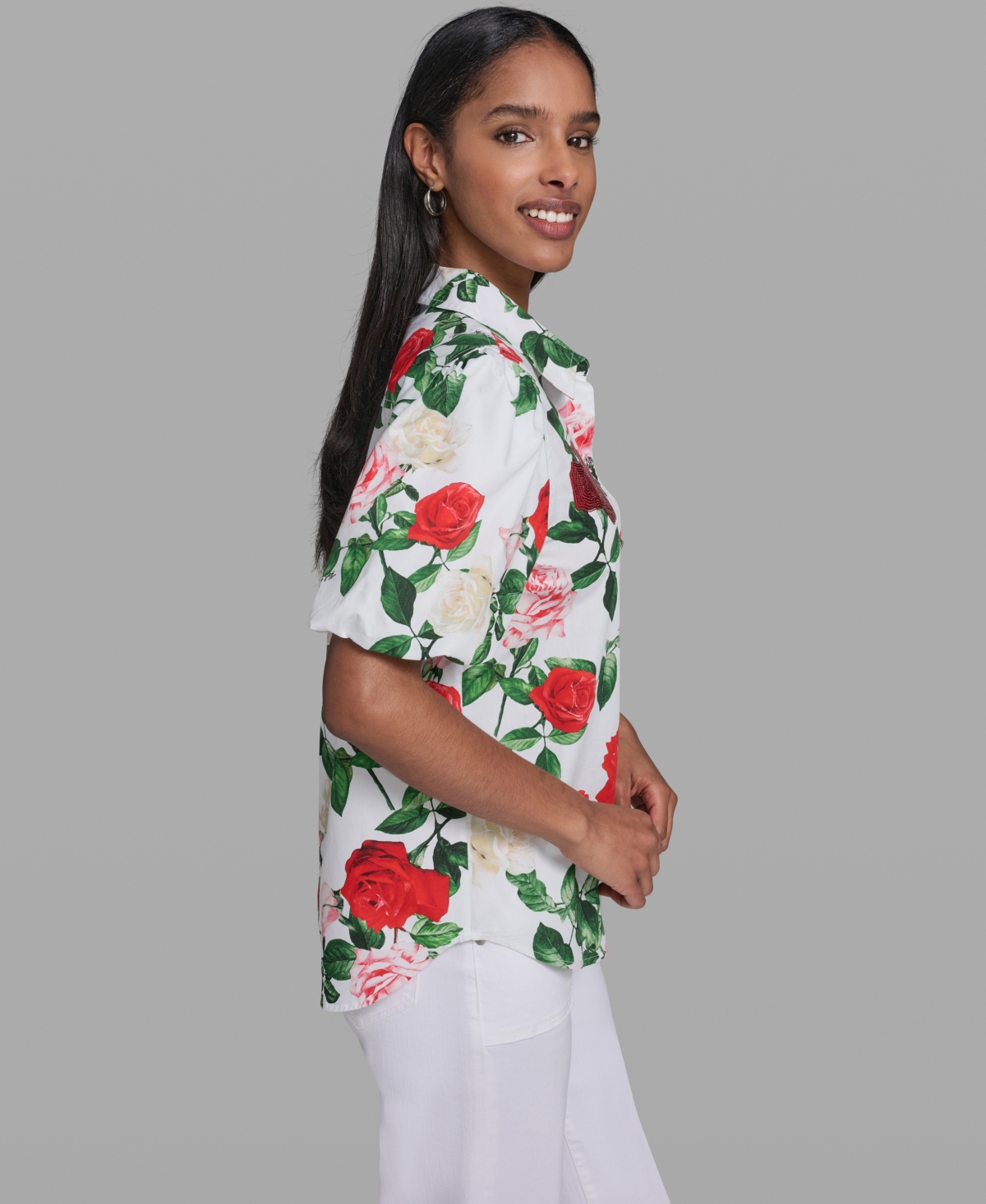 Karl Lagerfeld Paris Women's Printed Puff-Sleeve Collared Top