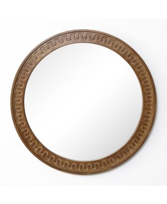 25.8'' Round Wall Mirror, Carved Rubberwood Frame, Living Room Wall Accent