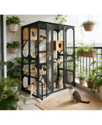 Fir Wood Outdoor Cat Enclosure With Sleeping House Jumping Platforms And Secure Doors