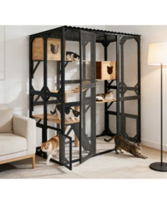 Fir Wood Outdoor Cat Enclosure With Sleeping House Jumping Platforms And Secure Doors