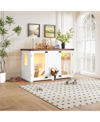 47.25" LED Light Litter Box Enclosure with Hidden Cat Furniture Cabinet, Stairway Scratching Post and Smart Doors