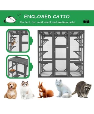 Large Cat Haven with Elevated Sleeping Platform, 71" Wooden Frame with Asphalt Roof, Indoor/Outdoor Enclosure with Wheels