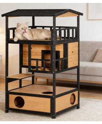 Outdoor Multi-Cat Haven with Solid Wood, Asphalt Roof, Escape Doors, Condo Platform, Elevated Design