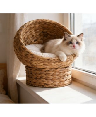 Handwoven Cat Retreat: Elevated Bed with Soft Cushion and Egg-Shaped Design, Wicker Frame with Stand