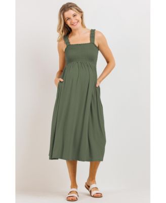Maternity Smocked Bodice Sleeveless Dress with Ruffle Straps