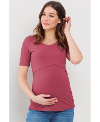 Maternity Short Sleeve Ribbed Crossover Nursing T-Shirt