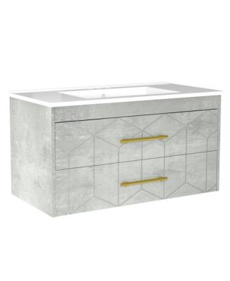 Bathroom Cabinet with Sink Combo, Floating Bathroom Vanity with Ceramic Basin, 2 Large Drawers with Gold Handle, Soft-Close Design