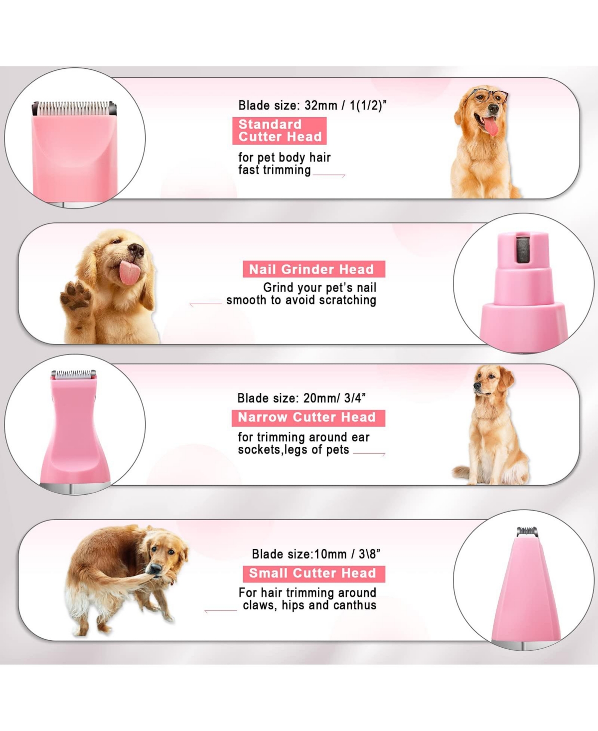 Aronkl 4 in 1 Pet Clippers Kit Rechargeable Cordless Quiet Trimmer for Dogs Cats Feet Face Ears Toenails