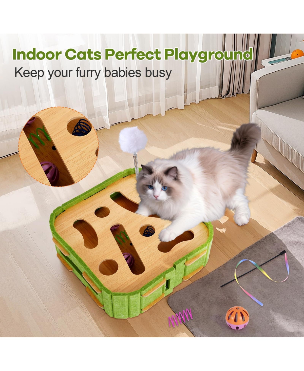 Aronkl Interactive Cat Puzzle Feeder Wooden Toy Set with Jingle Balls Wands Spiral Springs for Indoor Cats