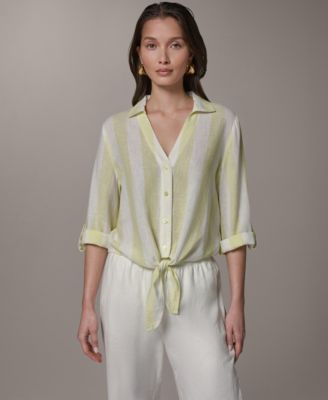 Women's Linen Button-Front Tie Blouse