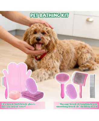 8pcs Pet Grooming Bath Kit with Slicker Brush Deshedding Rake Towel Gloves Combs Scrubber for Dogs Cats Rabbits