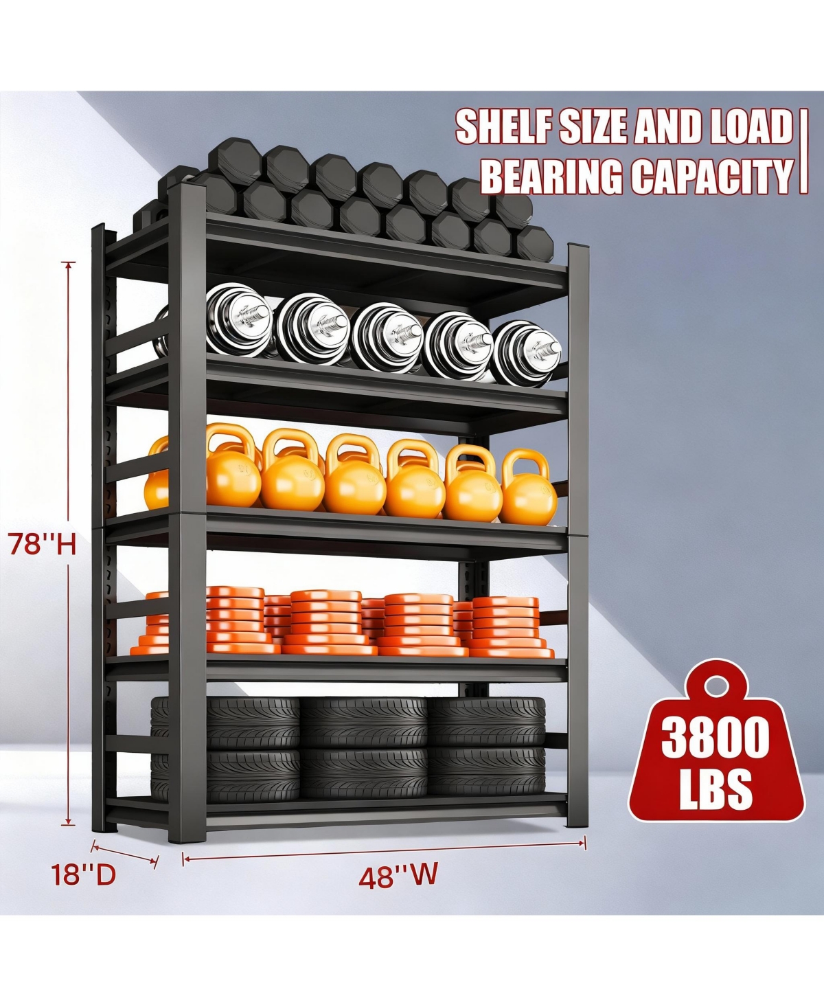 Yigii Heavy Duty 88"x48" 5-Tier Metal Garage Shelving, 3800lb Capacity, Tool-Free Assembly