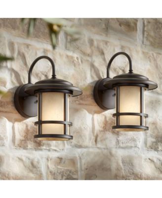 Cressona Rustic Mission Outdoor Wall Light Fixtures Set of 2 Oil Rubbed Etched Amber Glass for Post Exterior