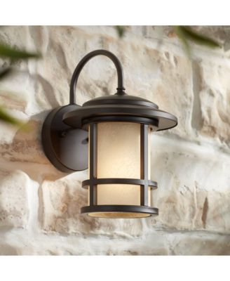 Cressona Rustic Mission Outdoor Wall Light Fixtures Set of 2 Oil Rubbed Etched Amber Glass for Post Exterior