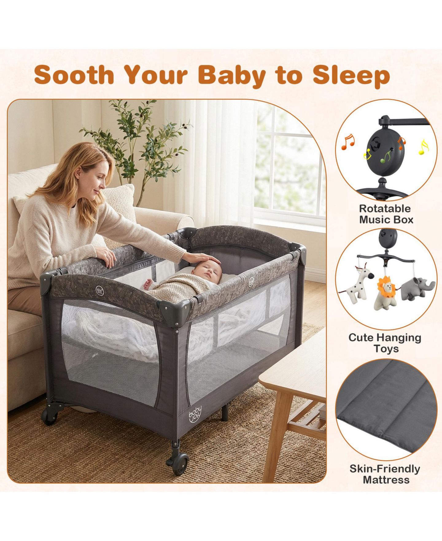 Детские мягкие игрушки SUGIFT 5 in 1 Bedside Bassinet with Diaper Changer and Mattress, цвет: Серый — фото 10
