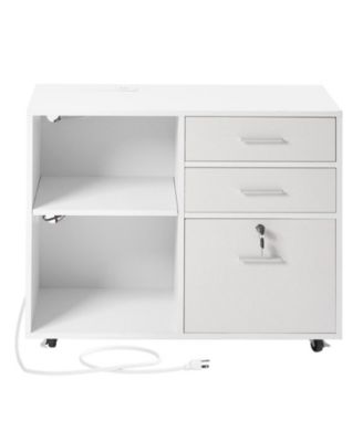 3 Drawer Wooden File Cabinet, Mobile Filing Cabinet with Light Strip, Lockable Rolling File Storage with Adjustable Shelves and 5 Wheels, Free