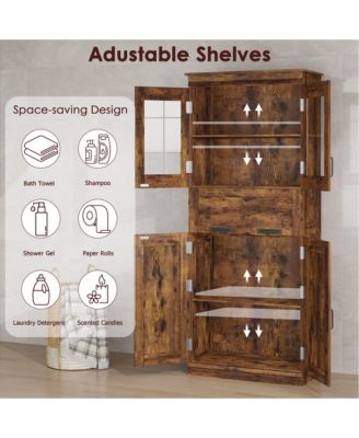 67" Tall Bathroom Storage Cabinet with 4 Doors, Flip Glass Drawer, Adjustable Shelves, Freestanding Organizer