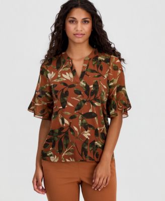 Petite Printed Ruffle-Sleeve Top