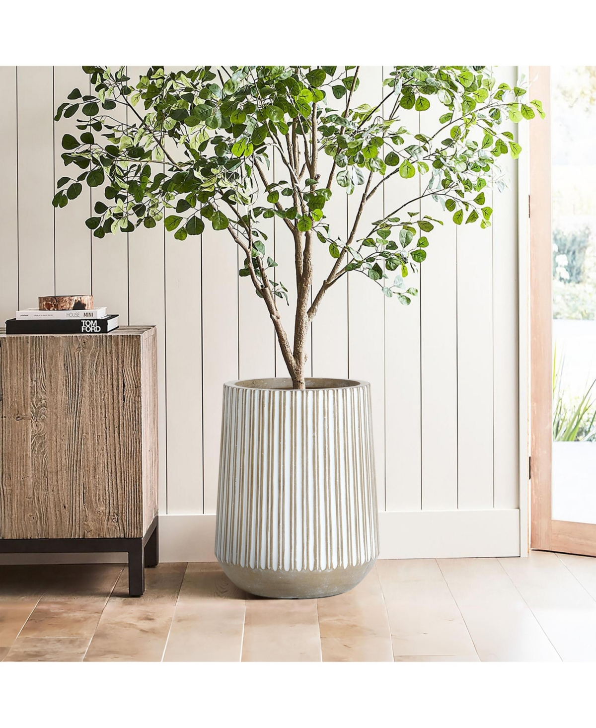 LuxenHome -Inch Round Brown and White Striped MgO Planter