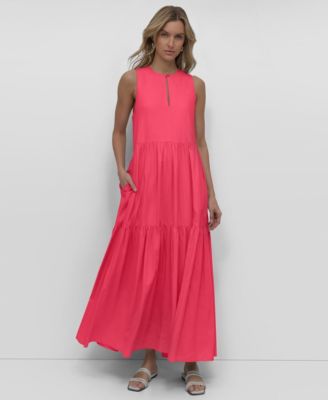 Women's Sleeveless Keyhole Crewneck Tiered Maxi Dress