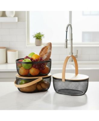 4 Stackable Metal Mesh Fruit Baskets With Lids Oval Wire Storage Handles Pantry Organizer For Kitchen Vegetables